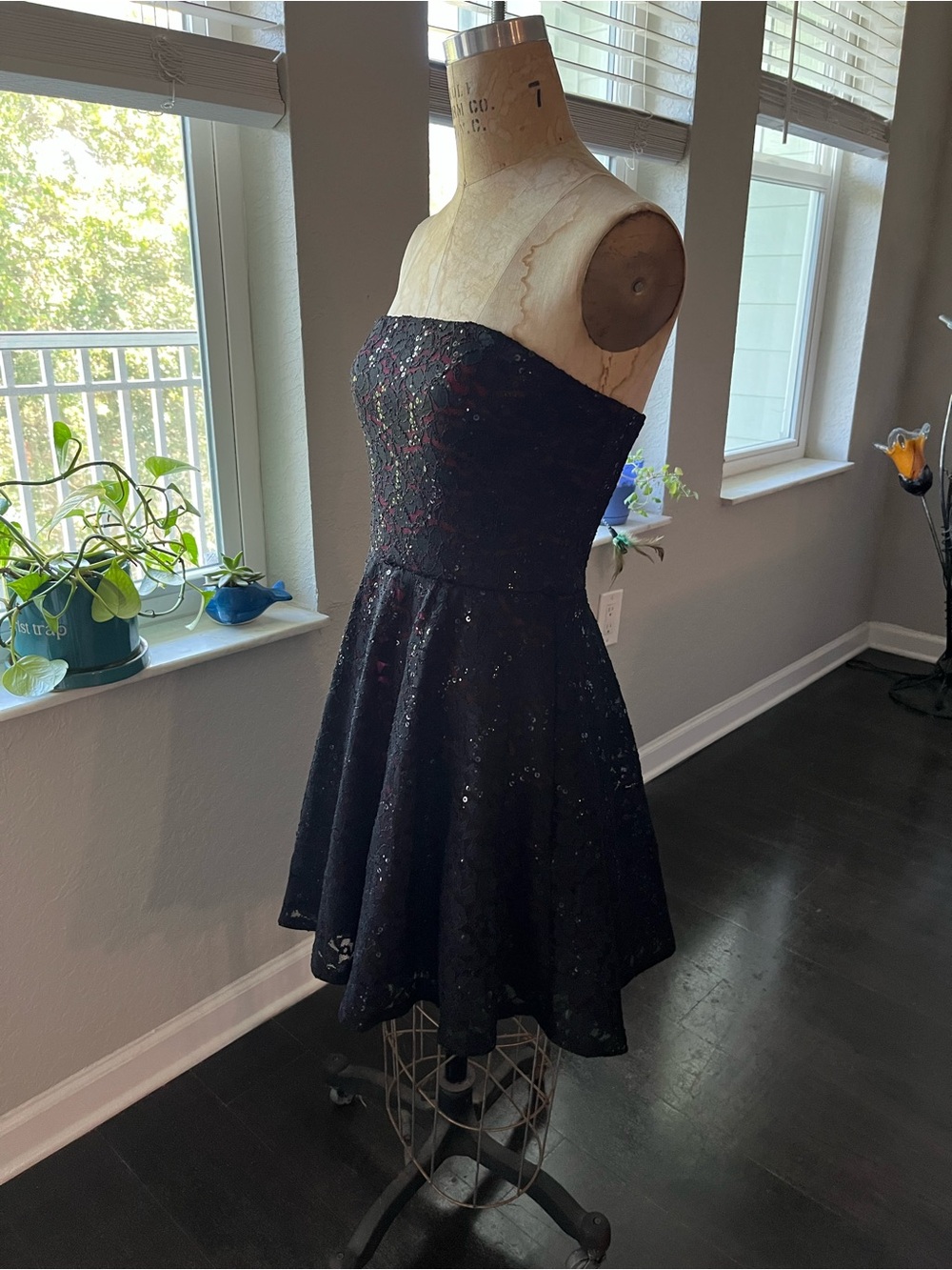 Love Reign Strapless Black Sequin Floral Fit-and-Flare Dress